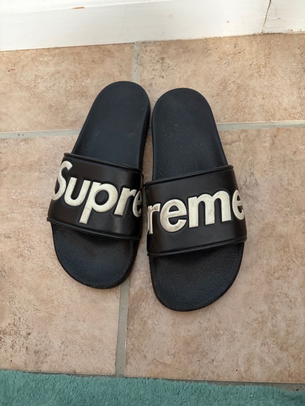 Supreme Black Slides with White Logo Embroidery